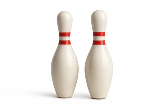 Two traditional white bowling pins featuring red bands, standing upright, ready for a game, on a transparent background