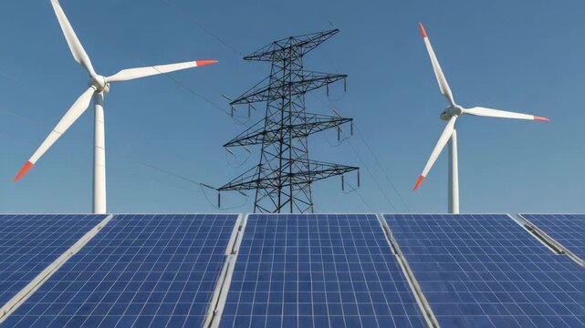 Array of Solar Panels and Wind Turbines against Blue Sky Promoting Renewable Energy and Sustainable Techology for Clean Electricity Production