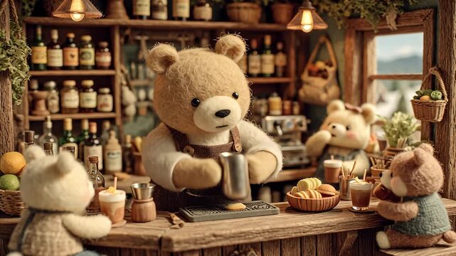 Animated bears in cafe interior with drinks and snacks