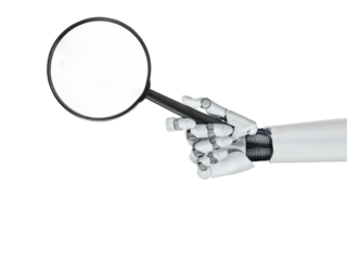 White cyborg robotic hand holds a magnifying glass in his finger - Using AI and chatbots to search for information - isolated on free PNG background.