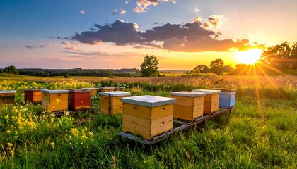 Beehives sit in a vibrant meadow, bathed in the warm glow of a setting sun, under a sky dotted with fluffy clouds