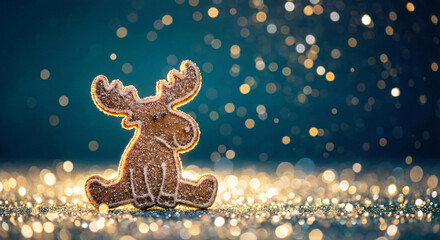 Gingerbread moose cookie with festive glitter bokeh