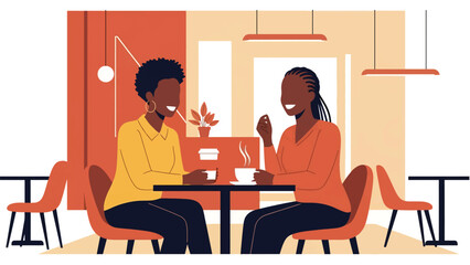 Two African friends sharing coffee and conversation at a café. Ideal for social connection, friendship, lifestyle, and modern culture themes