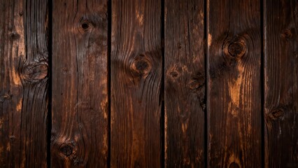 Naklejka premium Rich dark brown wooden planks form a textured vertical background surface.