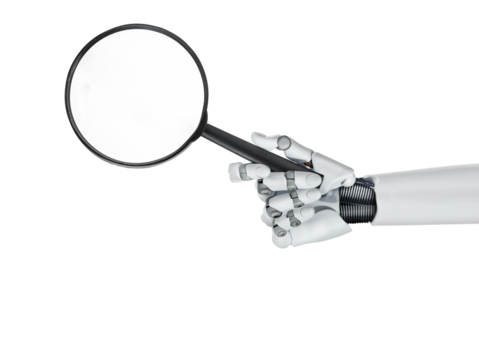 White cyborg robotic hand holds a magnifying glass in his finger - Using AI and chatbots to search for information - isolated on free PNG background.