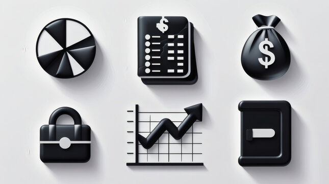 Set of modern 3D black icons representing essential business and financial concepts such as market analysis, investment, and corporate growth - Powered by Adobe