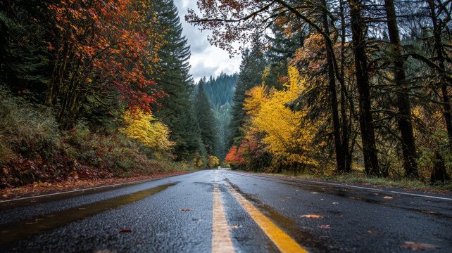 Scenic winding road through vibrant autumn forest in oregon with colorful fall foliage, golden leaves covering the roadside, and soft sunlight filtering through trees creating a peaceful natural lands - Powered by Adobe