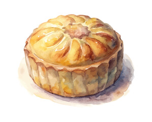 Watercolor Mooncake Vector Illustration, Traditional Chinese Pastry Art Isolated on White Background