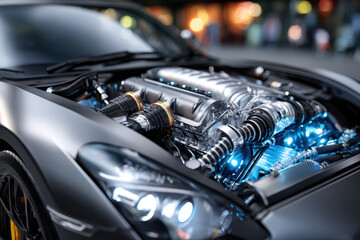 Obraz premium Modern Car Engine with Blue Lights at Night