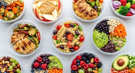 Wholesome meals in clear containers are arranged for a healthy diet.