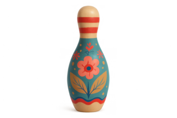 Wooden bowling pin with colorful folk art floral patterns, a decorative game piece isolated on transparent background