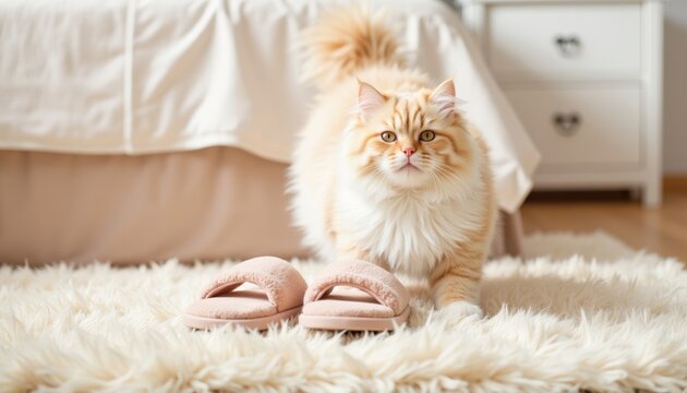 Fluffy cat standing beside pink slippers on a cozy carpet indoors  