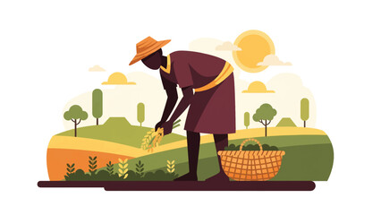 African farmer harvesting fresh crops in a field. Ideal for agricultural lifestyle, farming culture, subsistence work, and rural livelihood visuals