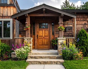 Rustic wooden home entrance with a front porch, stone steps, and vibrant flower arrangements. Green lawn and mature trees add to the scene's charm