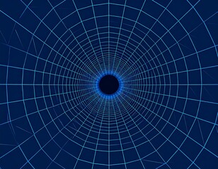 Fototapeta premium Blue grid tunnel leading into black hole, perspective vanishes. Light fades. Abstract, digital, and mesmerizing
