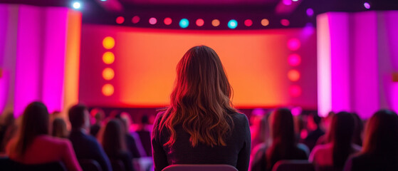 The back of a woman on stage in front of an audience conveys the tension and anticipation of a performance, which is ideal for atmospheric background images in articles about public speaking  