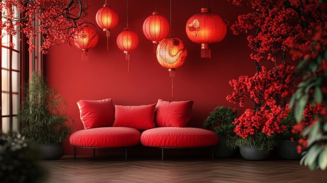 The cosy interior with red lanterns, a sofa and flowering branches creates a festive oriental atmosphere — an excellent backdrop for a café design or themed event.