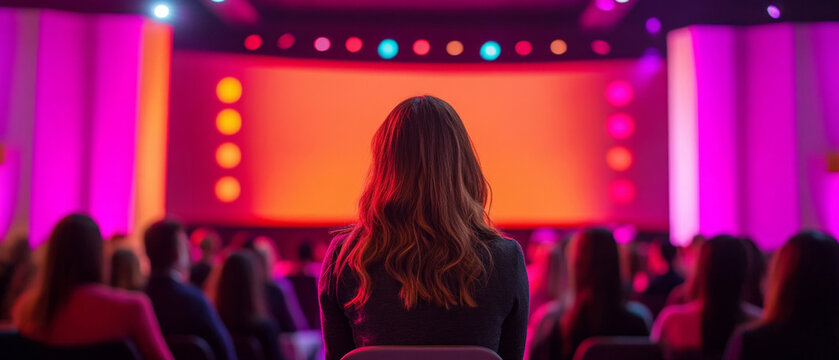 The back of a woman on stage in front of an audience conveys the tension and anticipation of a performance, which is ideal for atmospheric background images in articles about public speaking  