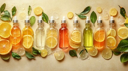 Bright bottles with natural oils and citrus slices embody freshness, perfectly complementing the main background for articles about healthy lifestyles or cosmetic brands.