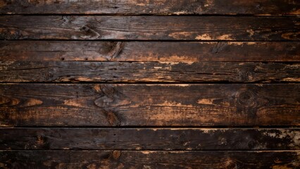 Fototapeta premium Weathered dark brown wooden planks form a rustic horizontal background texture