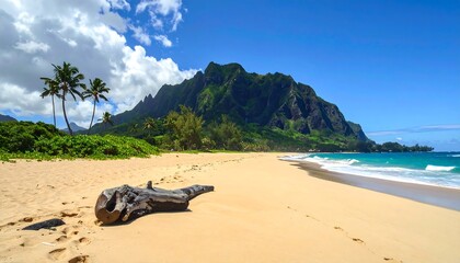 Sandy beach, bright blue ocean, lush green mountain, and fluffy white clouds under a clear sky. A weathered log sits on the sand