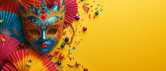 A colourful Venetian mask among confetti and decorations embodies the festive atmosphere of carnival, creating a backdrop for invitations to cultural events.