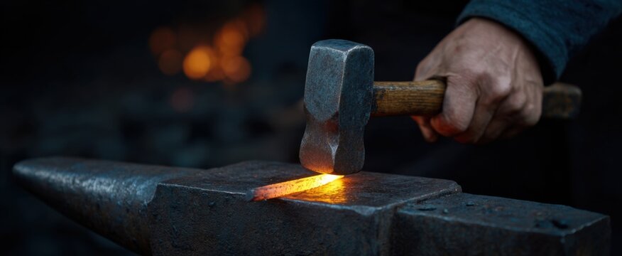 the blacksmith forges hot iron on an anvil using a mallet