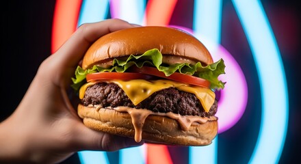 Hand holds juicy cheeseburger with dripping sauce against neon lights.
