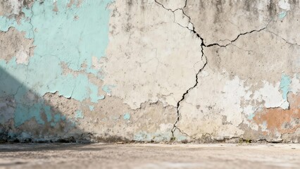 Fototapeta premium Weathered concrete wall displays peeling paint and a prominent vertical fracture