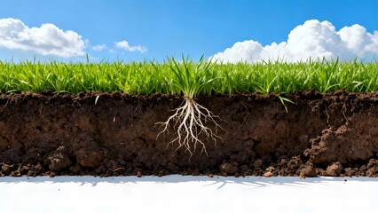 Fototapeta premium Cross section of lush green grass with deep white roots in fertile soil against blue sky