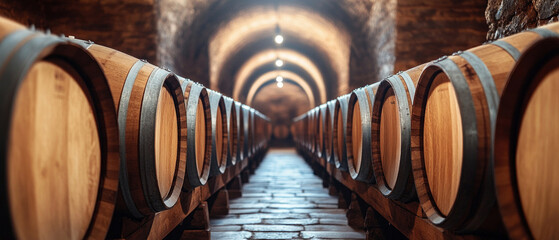 Neat rows of oak barrels in the wine cellar symbolise the traditions of winemaking, serving as a stylish backdrop for presentations of alcoholic beverages or gastronomic articles.