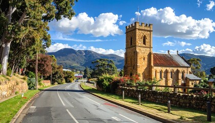 Scenic landscape with a historic stone church beside a tree-lined road under a sky with puffy clouds and distant mountains