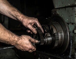 Grubby hands of a skilled mechanic assembling intricate metal gears on heavy industrial machinery