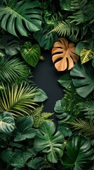 Naklejka premium Luxurious tropical leaves and ferns create a dense green frame, ideal for interior design or design projects as a main background.
