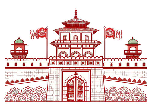 Imphal Kangla Fort motifs in heritage vector detail on white background