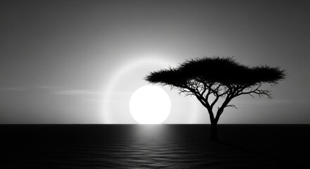 Monochrome African sunset with acacia tree silhouette
