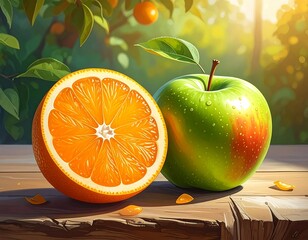 A vivid image of a halved orange and an apple rest on a wooden surface amidst a lush, leafy background