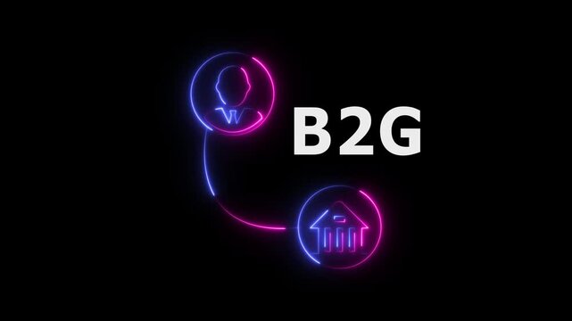 Abstract glowing neon business to government (B2G) icon animation with dark background.