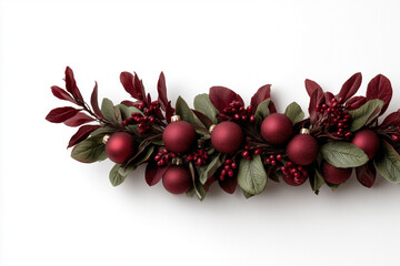Elegant Burgundy Christmas Garland with Matte Ornaments and Seasonal Foliage on White Background