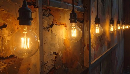 Several illuminated incandescent bulbs hanging in a row, casting warm light against a distressed, textured wall. The scene is dim, yet inviting