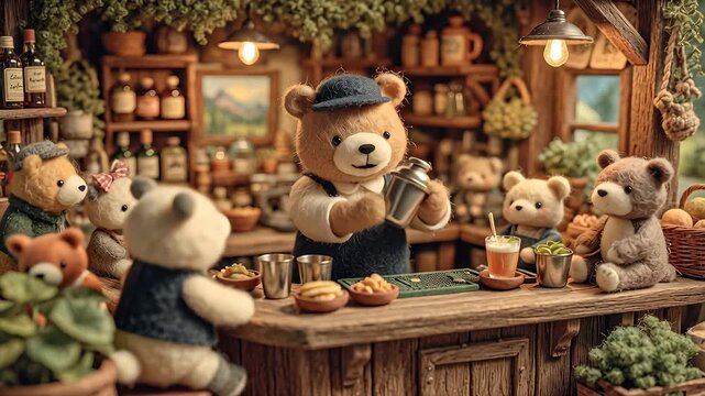 Teddy bear bartender in a rustic bar setting with beverages and snacks