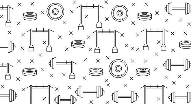 Seamless pattern with outline gym and fitness equipment on white background