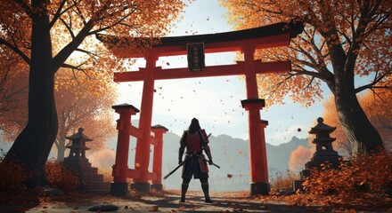 Samurai warrior stands before a vibrant autumn torii gate