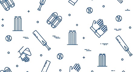 Seamless pattern of cricket sport equipment featuring bats, balls, wickets, gloves, and pads