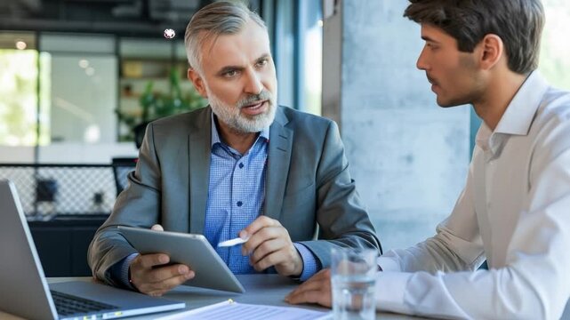 Experienced businessman mentors younger colleague during a meeting, discussing data on a tablet - Powered by Adobe
