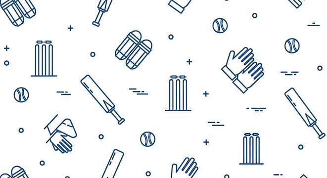 Seamless pattern of cricket sport equipment featuring bats, balls, wickets, gloves, and pads