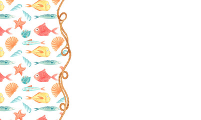 Watercolor nautical illustration with colorful sea fish, shells, starfish and twisted rope border. Marine template with ocean animals for summer designs, invitations, greeting cards and kids' decor.