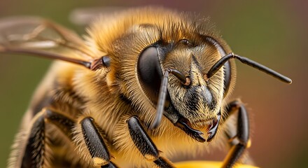 Extreme close-up of a fuzzy honey bee with detailed compound eyes and antennae.