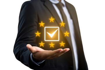 Businessman holding a glowing checkmark in a square with stars isolated on transparent background