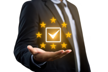 Businessman holding a glowing checkmark in a square with stars isolated on transparent background